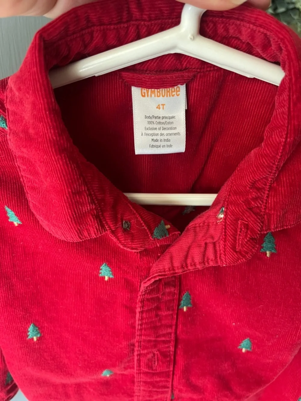 Gymboree Christmas Red Corduroy Button-Down Shirt Green Tree Embroidery, Boys 4T